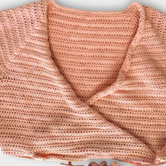 Handmade Womens Sweater Sz XL Pink Salmon Cropped Short Wrap Tie Swiftie Crochet - Picture 10 of 10